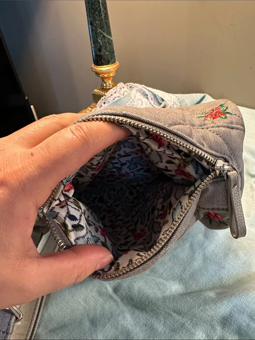 Vera Bradley Quilted Crossbody Bag in Light Gray with Floral Embroidery